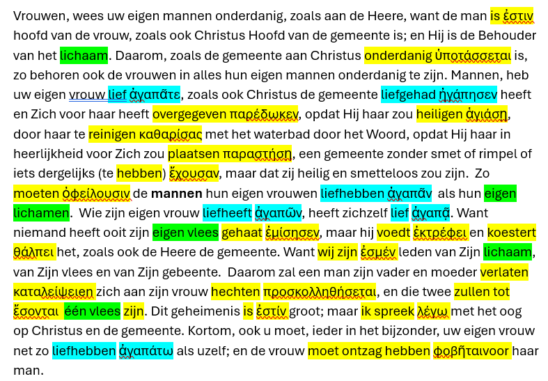 Efeziërs 5:22–33 met Griekse werkwoorden en kleurmarkeringen
